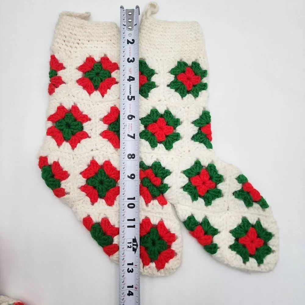 Lot of 5 Granny Square‎ Christmas Stockings Crochet Afghan Red Green White Boho